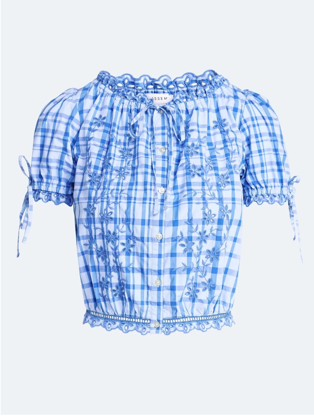 Free Assembly Women's Embroidered Plaid Cropped Cotton Top with Short Sleeves